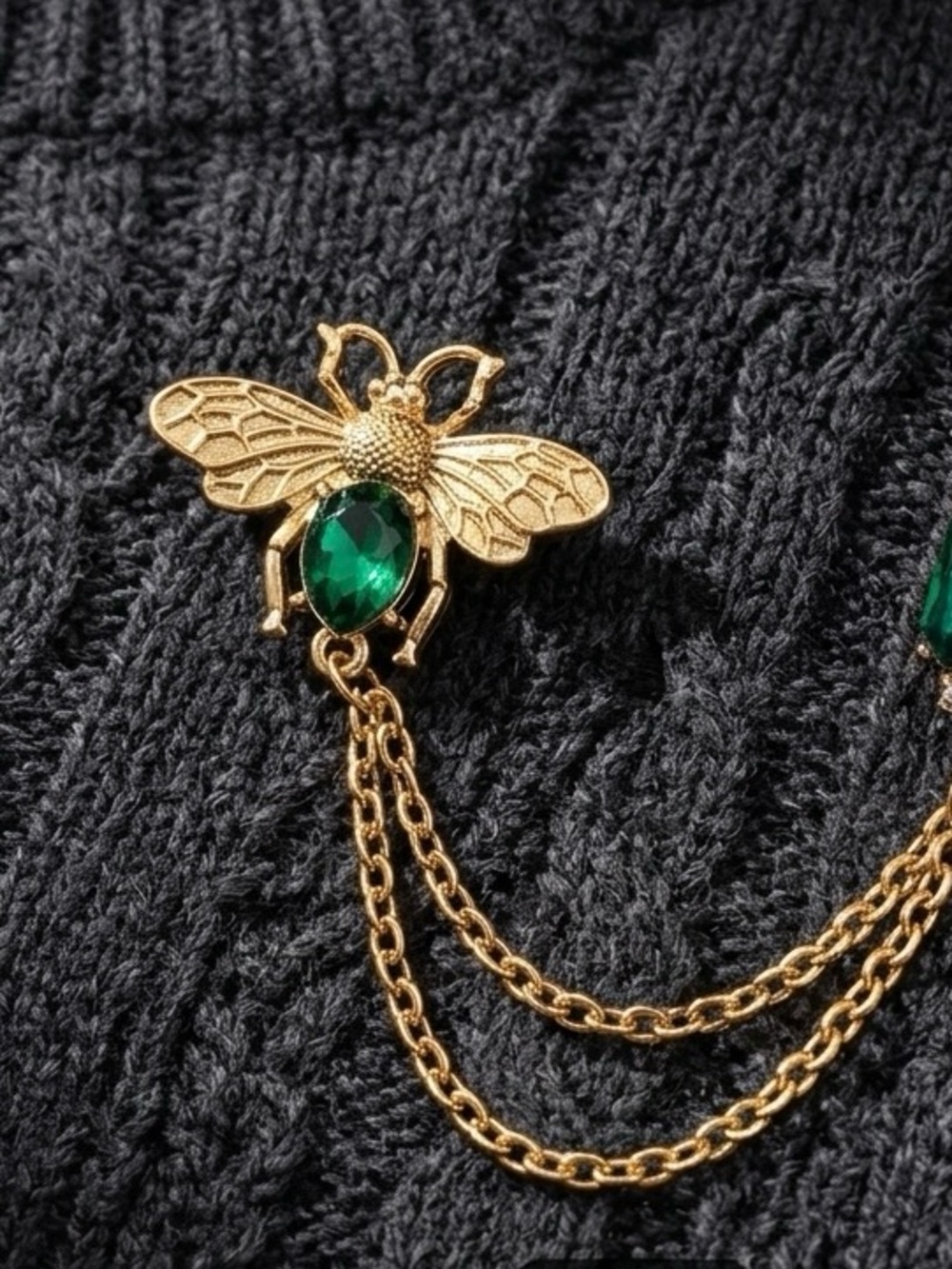 Gold Bee Chain Brooch with Emerald Green Crystal and Pearl Accents